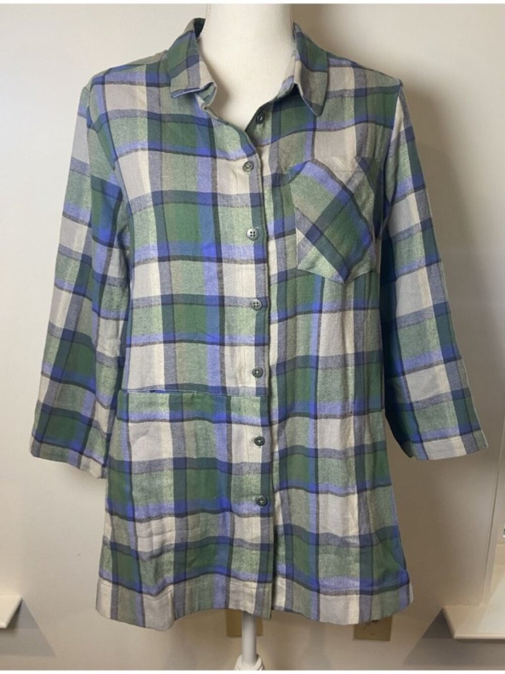 Gudrun Sjoden Shirt Blouse Flannel 3/4 Sleeve Organic Cotton Green Blue Plaid M